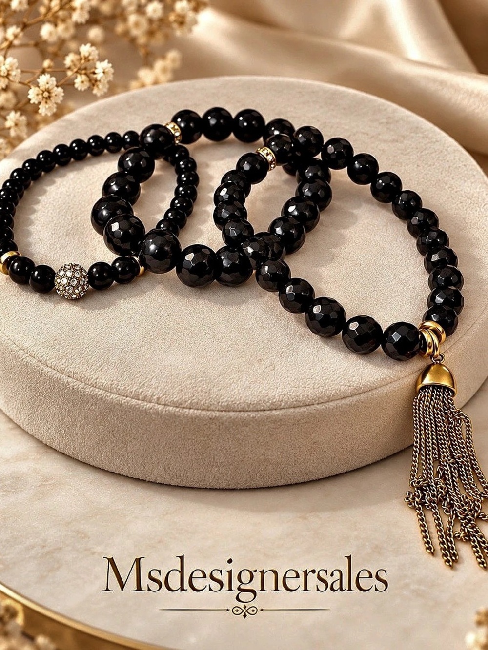 Black Beaded Bracelet Set with Gold Tassel Like New 278